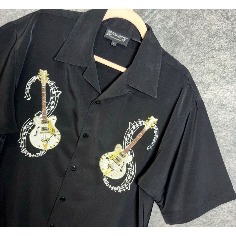 Dragonfly Clothing Guitar Shirt Mens Sz L Black Embroidered Lightweight